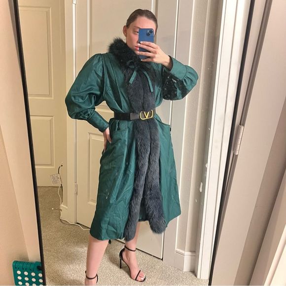 Vintage Jackets & Blazers - VINTAGE Neiman Marcus Fur Collar Trench Coat Emerald Green Sz. S